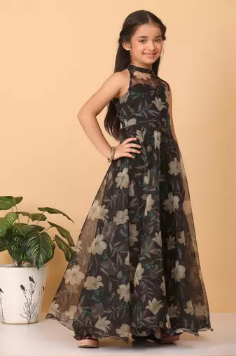 Ethnovog Ready To Wear Kids Girls Pink Organza Collar Halter Neck Gown