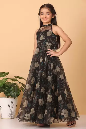 Ethnovog Ready To Wear Kids Girls Pink Organza Collar Halter Neck Gown