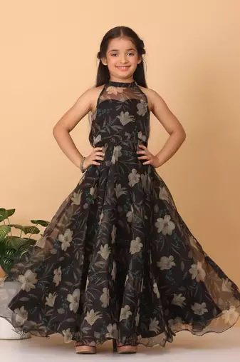 Ethnovog Ready To Wear Kids Girls Pink Organza Collar Halter Neck Gown