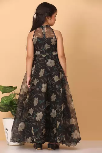 Ethnovog Ready To Wear Kids Girls Pink Organza Collar Halter Neck Gown