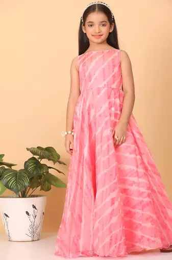 Ethnovog Ready To Wear Kids Girls Pink Digital Printed Organza Gown