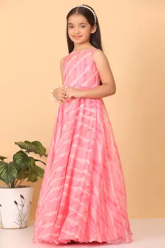Ethnovog Ready To Wear Kids Girls Pink Digital Printed Organza Gown