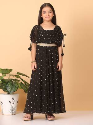 Ethnovog Ready To Wear Kids Girls Black Embroidered Overlap Draped Gown 1