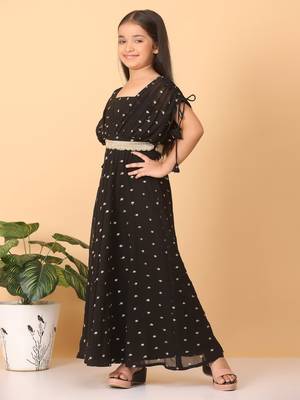 Ethnovog Ready To Wear Kids Girls Black Embroidered Overlap Draped Gown 2