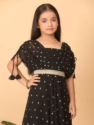 Ethnovog Ready To Wear Kids Girls Black Embroidered Overlap Draped Gown 3