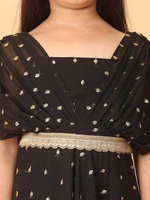 Ethnovog Ready To Wear Kids Girls Black Embroidered Overlap Draped Gown 4