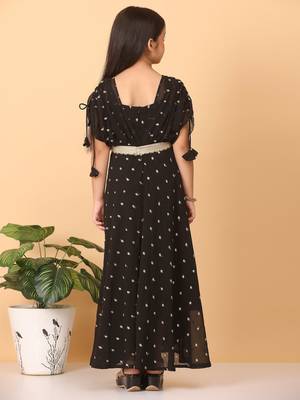 Ethnovog Ready To Wear Kids Girls Black Embroidered Overlap Draped Gown 5