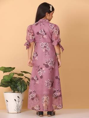 Ethnovog Ready To Wear Kids Girls Mauve Organza Digital Printed Dress 2