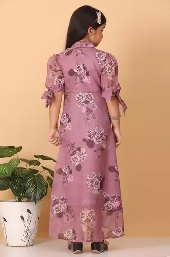 Ethnovog Ready To Wear Kids Girls Mauve Organza Digital Printed Dress