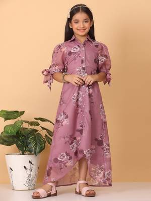 Ethnovog Ready To Wear Kids Girls Mauve Organza Digital Printed Dress 3