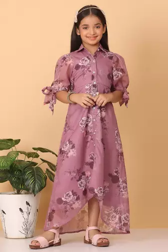 Ethnovog Ready To Wear Kids Girls Mauve Organza Digital Printed Dress