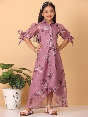 Ethnovog Ready To Wear Kids Girls Mauve Organza Digital Printed Dress 1