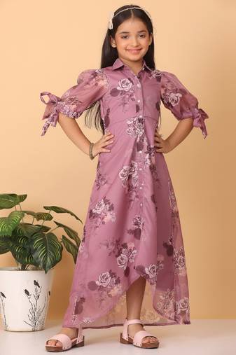 Ethnovog Ready To Wear Kids Girls Mauve Organza Digital Printed Dress