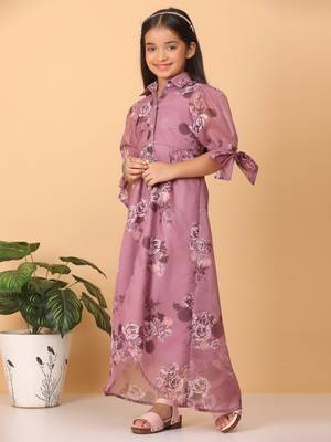 Ethnovog Ready To Wear Kids Girls Mauve Organza Digital Printed Dress 4