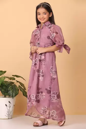 Ethnovog Ready To Wear Kids Girls Mauve Organza Digital Printed Dress