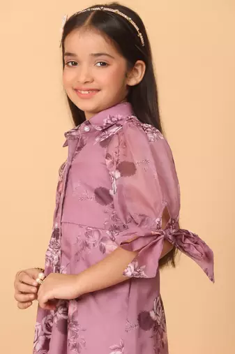 Ethnovog Ready To Wear Kids Girls Mauve Organza Digital Printed Dress