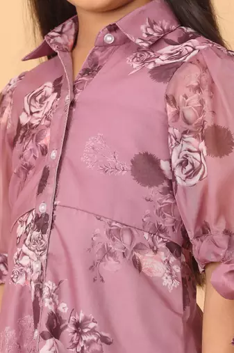 Ethnovog Ready To Wear Kids Girls Mauve Organza Digital Printed Dress