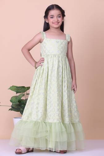 Ethnovog Ready To Wear Kids Girls Green Cotton Sequins Embroidered Gown