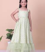 Ethnovog Ready To Wear Kids Girls Green Cotton Sequins Embroidered Gown