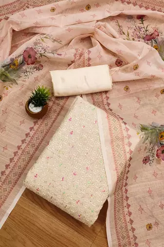 Peach lucknowi work modal chanderi semi stitched dress with unstitched bottom