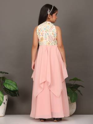 Ethnovog Ready To Wear Kids Girls Pink N Off White Embroidered Handkerchief Gown 2