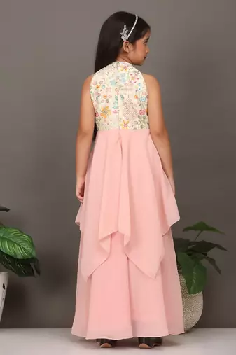 Ethnovog Ready To Wear Kids Girls Pink N Off White Embroidered Handkerchief Gown