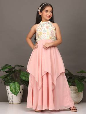 Ethnovog Ready To Wear Kids Girls Pink N Off White Embroidered Handkerchief Gown 1