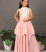 Ethnovog Ready To Wear Kids Girls Pink N Off White Embroidered Handkerchief Gown