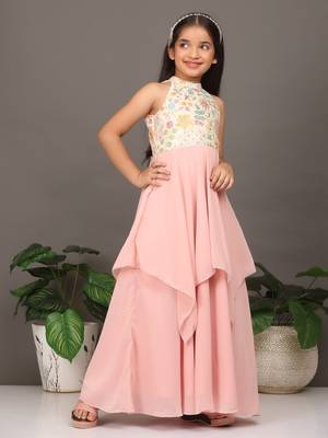 Ethnovog Ready To Wear Kids Girls Pink N Off White Embroidered Handkerchief Gown 3