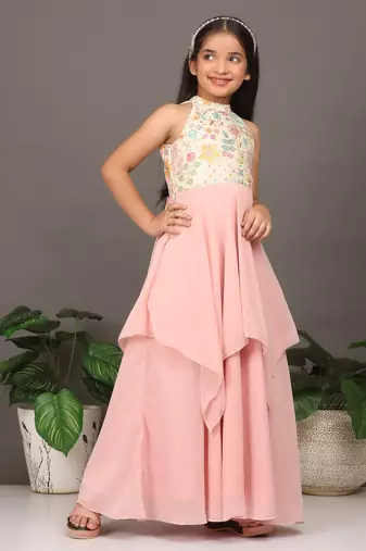 Ethnovog Ready To Wear Kids Girls Pink N Off White Embroidered Handkerchief Gown
