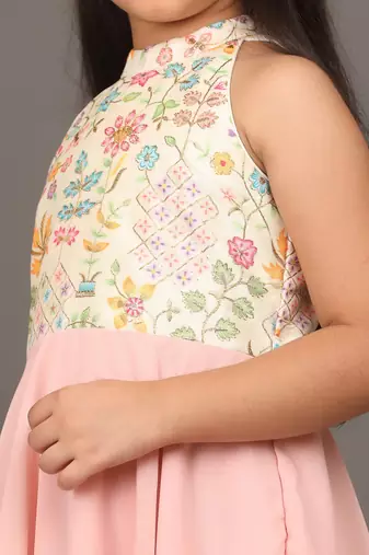 Ethnovog Ready To Wear Kids Girls Pink N Off White Embroidered Handkerchief Gown