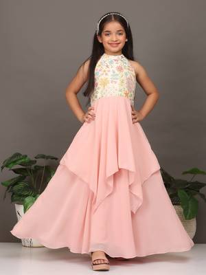 Ethnovog Ready To Wear Kids Girls Pink N Off White Embroidered Handkerchief Gown 5