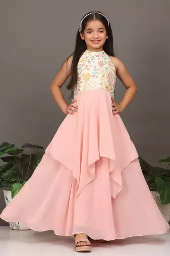 Ethnovog Ready To Wear Kids Girls Pink N Off White Embroidered Handkerchief Gown