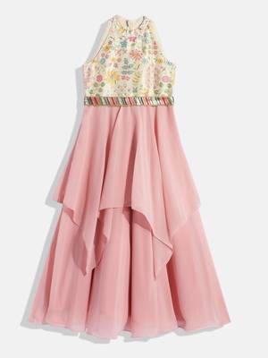 Ethnovog Ready To Wear Kids Girls Pink N Off White Embroidered Handkerchief Gown 6