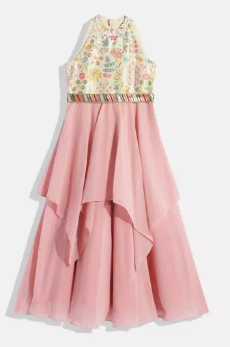 Ethnovog Ready To Wear Kids Girls Pink N Off White Embroidered Handkerchief Gown