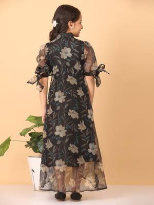 Ethnovog Ready To Wear Kids Girls Black Organza Digital Printed Dress 2