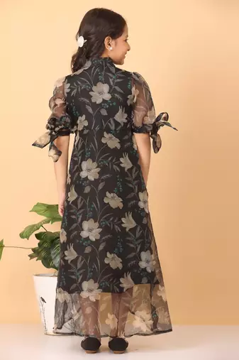 Ethnovog Ready To Wear Kids Girls Black Organza Digital Printed Dress
