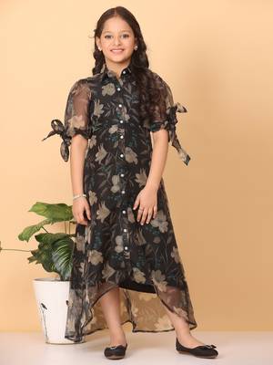 Ethnovog Ready To Wear Kids Girls Black Organza Digital Printed Dress 1