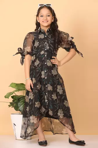 Ethnovog Ready To Wear Kids Girls Black Organza Digital Printed Dress