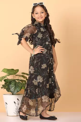 Ethnovog Ready To Wear Kids Girls Black Organza Digital Printed Dress