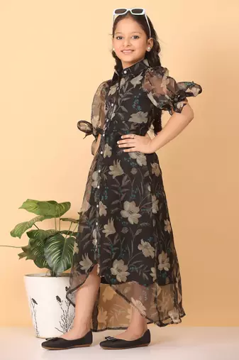 Ethnovog Ready To Wear Kids Girls Black Organza Digital Printed Dress