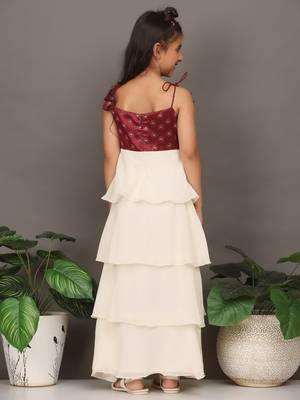 Ethnovog Ready To Wear Kids Girls Maroon Art Silk Printed N Off White Layered Dress 2