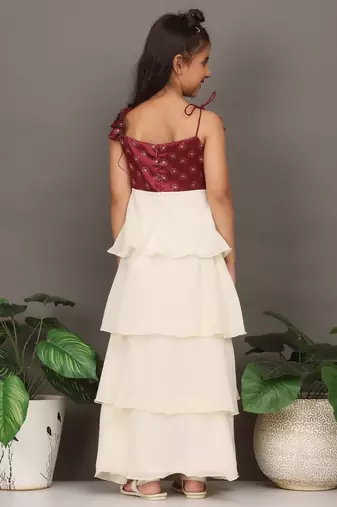 Ethnovog Ready To Wear Kids Girls Maroon Art Silk Printed N Off White Layered Dress