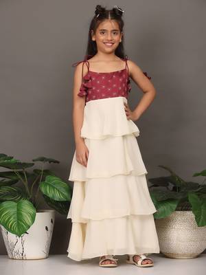 Ethnovog Ready To Wear Kids Girls Maroon Art Silk Printed N Off White Layered Dress 1