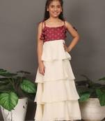 Ethnovog Ready To Wear Kids Girls Maroon Art Silk Printed N Off White Layered Dress