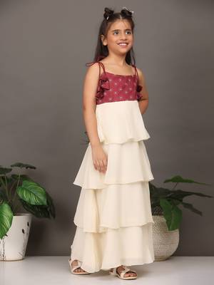Ethnovog Ready To Wear Kids Girls Maroon Art Silk Printed N Off White Layered Dress 3