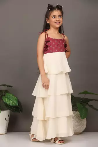 Ethnovog Ready To Wear Kids Girls Maroon Art Silk Printed N Off White Layered Dress