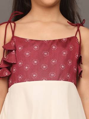 Ethnovog Ready To Wear Kids Girls Maroon Art Silk Printed N Off White Layered Dress 4