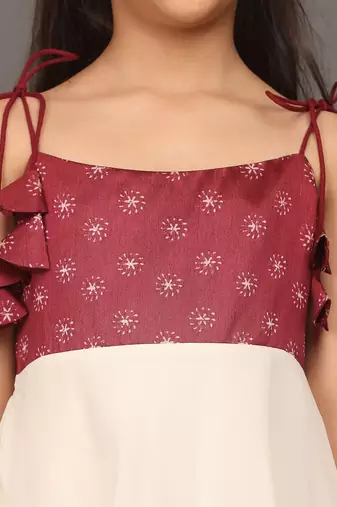 Ethnovog Ready To Wear Kids Girls Maroon Art Silk Printed N Off White Layered Dress