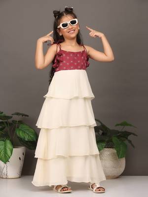 Ethnovog Ready To Wear Kids Girls Maroon Art Silk Printed N Off White Layered Dress 5